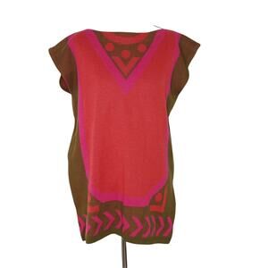 Vintage 90s Rodier Paris Women Knit Tunic Pink Cap Sleeves Geometric Medium